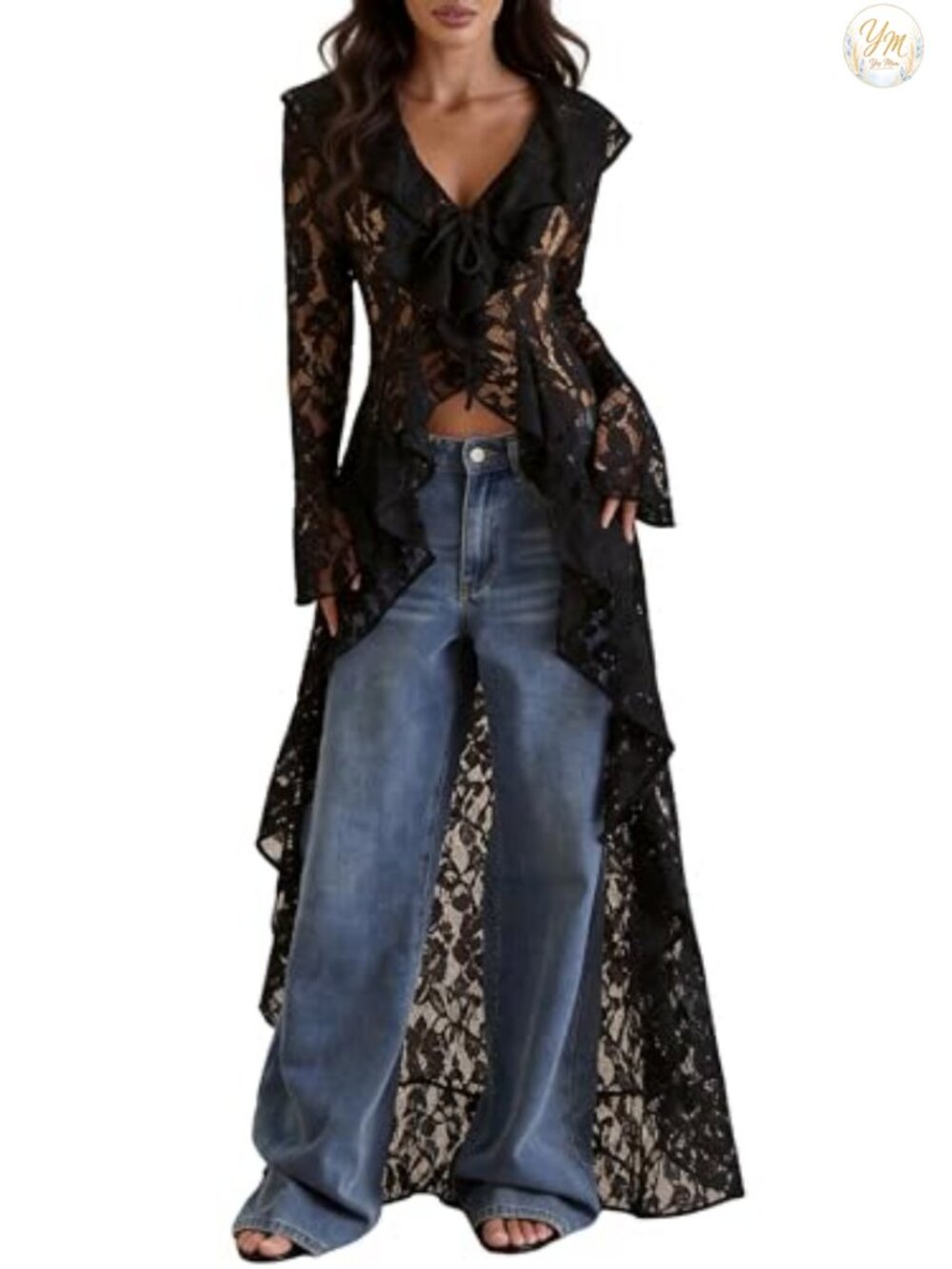 Lace Cardigan Women Maxi Lightweight Open Front Tie Bell Sleeve Ruffled Duster